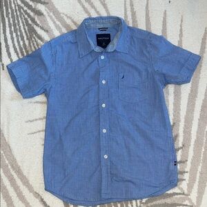 Nautica Blue and White Short Sleeve Plaid Kids Button Down Shirt